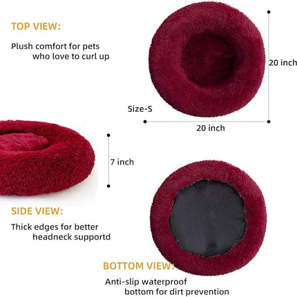 Cat Beds for Indoor Cats - Cat Bed Washable 24 inches, Dog Beds for Small Medium Dogs, Anti Anxiety Round Fluffy Plush Faux Fur Cat Bed, Thick Bottom (Red, Large 24" L x 24" W)