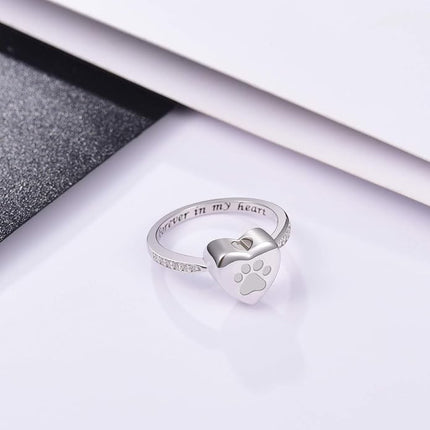 925 Sterling Silver Love Heart Urn Ring for pet Dog Cat's Ashes Keepsake Memorial Tiny Jewelry Forever in My Heart Paw Print Cremation Finger Rings