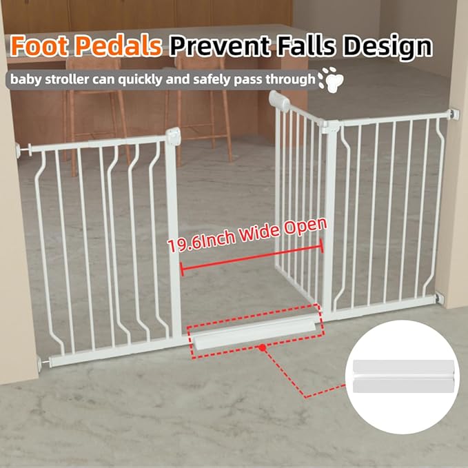 57.5"-62" Extra Wide Auto Closing Baby Safety Gate for Stairs & Doorways, Pressure Mounted No Drill Pet Gate with Walk-Through Door - Heavy Duty Childproof Gate for Toddlers, Kids, Dogs (White)