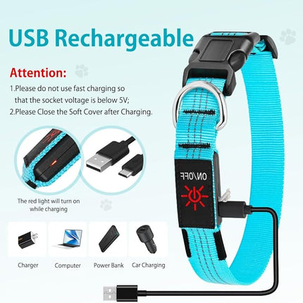 Light Up Dog Collar, USB Rechargeable LED Dog Collars Glow in The Dark, 3 Flash Mode Safety Collar Light for Nighttime Walking (Blue, L)