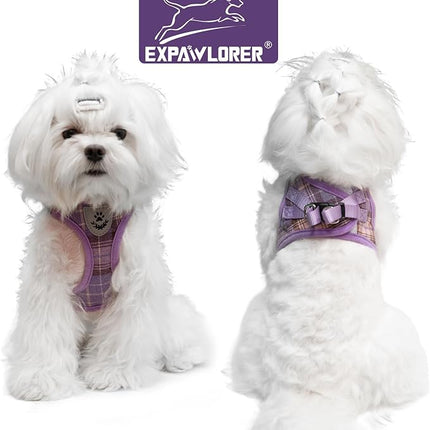 EXPAWLORER Classic Plaid Puppy Harness - Small Dog Harness and Leash Set - Dog Collar and Leash Set with AirTag Holder, Soft Padded Step in Dog Vest Harness No Pull Reflective for Outdoor, Purple S
