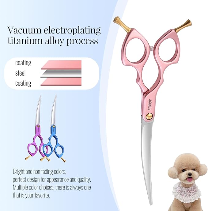 Professional Left Handed Curved Dog Grooming Scissors with Sharper Self Grinding lightweight and finely trimmed split structure 6.5'' Japan VG10 63HRC for small dogs cat pet(Pink)