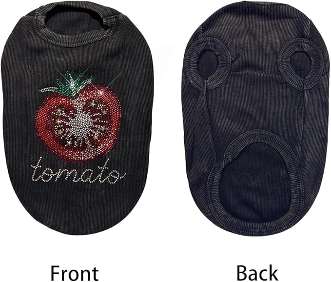 Washed Cotton Pet Vest with Rhinestone Fruit Designs, Soft & Stylish Small Dog Cat Vest for Spring Summer, Breathable & Shiny (Black-Tomato, Small)