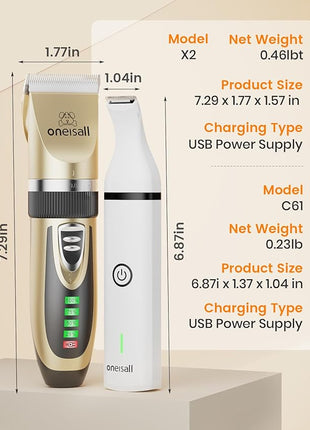oneisall Dog Clippers and Paw Trimmer Kit 2 in 1 Low Noise Cordless Dog Clippers for Grooming Pet Hair Trimmers for Small and Large Dogs Cats Animals