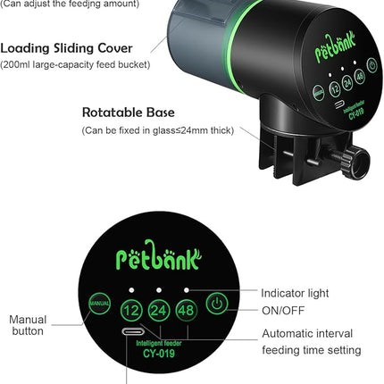 Automatic Fish Feeder for Aquarium - Auto Fish Food Dispenser Rechargeable for Small Large Tank with USB Charger Cable，12/24/48H Interval Esay Set Up (Black, CY-019)