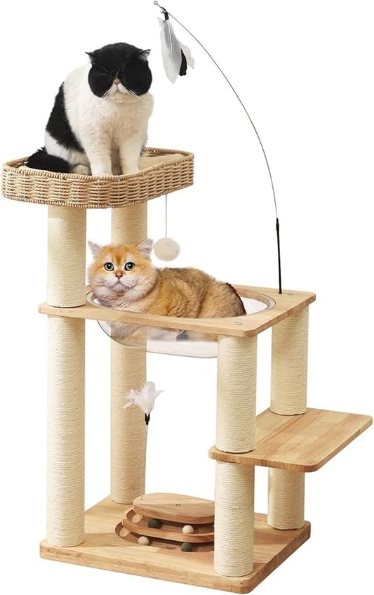 Wood Cat Tree Tower with Space Capsule, Hand-Woven Basket Nest, Feather Toy, Hanging Balls, Sisal Posts, 4-Tier Indoor Climbing 34 Inch Modern Cat Tree Tower for Kittens