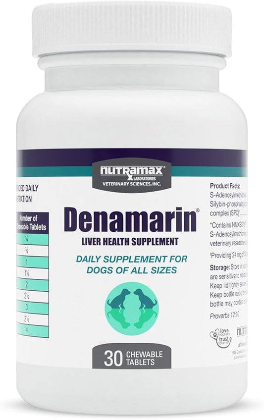 Nutramax Denamarin Liver Health Supplement for Dogs, With S-Adenosylmethionine (SAMe) and Silybin, 30 Chewable Tablets