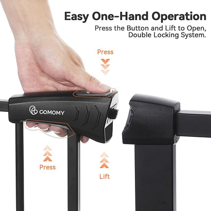 COMOMY Auto Close Baby Gate with Cat Door, 29.5"-40.5" Extra Wide Dog Gate for House Doorways Stairs, Pressure Mounted Easy Walk Thru Pet Gate, Includes 4 Wall Cups and 2 Extension Pieces, Black