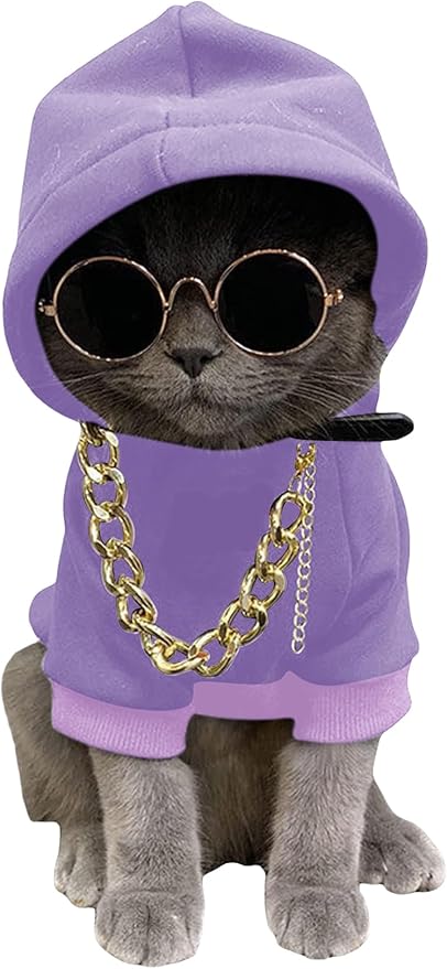QWINEE 3Pcs Dog Hoodie Cat Apparel Dog Custume Set with Necklace and Sunglasses Pet Clothes for Puppy Small Medium Dogs Cats Mauve Purple Medium