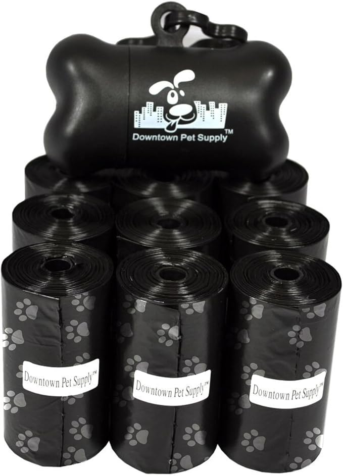 Downtown Pet Supply Poop Bags for Dogs with Dispenser, 220 Count - Leak-Proof Dog Waste Bags and Bone-Shaped Dog Poop Bags Holder for Leash - Black with Paw Prints, 12.5" x 8.5"