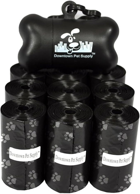 Downtown Pet Supply Poop Bags for Dogs with Dispenser, 220 Count - Leak-Proof Dog Waste Bags and Bone-Shaped Dog Poop Bags Holder for Leash - Black with Paw Prints, 12.5" x 8.5"