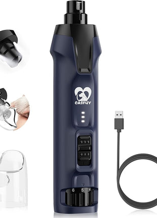 Casfuy 6-Speed Dog Nail Grinder – 50%+ Boost Power Dog Nail Trimmers Quiet with Dust Cap & 2 LED Lights & 2000mAh Battery & 4.8V Motor Electric Pet Toenail File Tool for Large Medium Small Dogs Cats