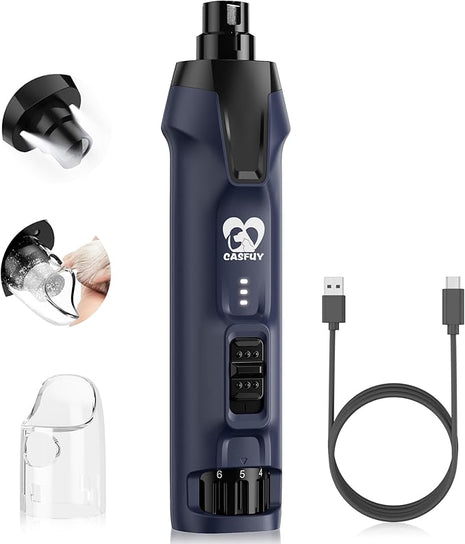 Casfuy 6-Speed Dog Nail Grinder – 50%+ Boost Power Dog Nail Trimmers Quiet with Dust Cap & 2 LED Lights & 2000mAh Battery & 4.8V Motor Electric Pet Toenail File Tool for Large Medium Small Dogs Cats