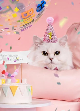Cat Birthday Hat Girl Happy Birthday Decorations Outfit Banner Party Supplies Bow tie Collar Catnip Chew Biting Kick Toys for Cat Girl (Pink)
