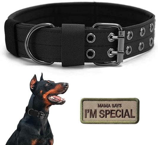 Tactical Dog Collar Military Adjustable Dog Collars Soft Nylon Training Collar with Patch Heavy Duty Metal Buckle Collars for Medium Large Dogs (Black, M)