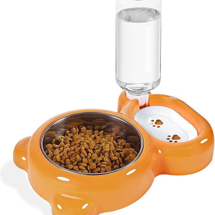 Dog Bowls, Cat Food and Water Bowl Set with Water Dispenser and Stainless Steel Bowl for Cats and Small Dogs - Orange