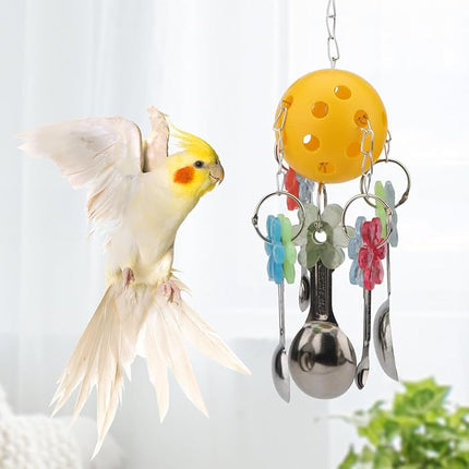 Hypeety Pet Parrot Toy Plastic Colorful Birds Ball with 1 Bell for Budgie African Grey Cockatoo Cockatiel Sun Conures 1 Ball with 5 Spoons