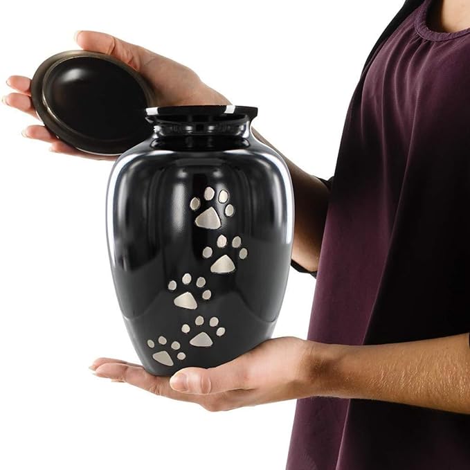 Trupoint Memorials Large Pet Urn for Dogs and Cats Ashes, Paws Print Black Cremation Urns for Pets up to 122 lbs