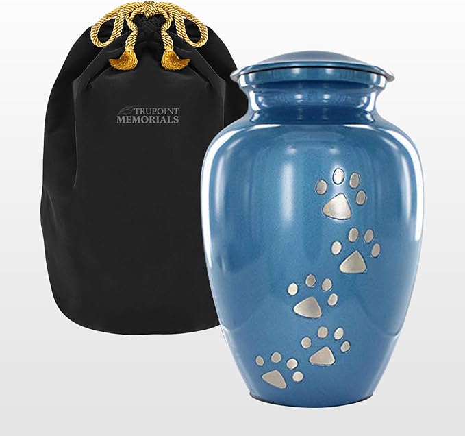 Trupoint Memorials Large Pet Urn for Dogs and Cats Ashes, Paws Print Blue Cremation Urns for Pets up to 122 lbs