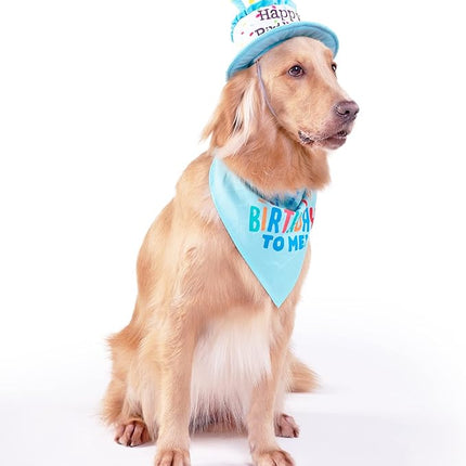 Large Dog Birthday Cake Hat & Bandana Scarfs Set Blue, Handmade Dog Happy Birthday Hat with Colorful Candles, Extral Large Dog Birthday Party Supplies Decorations