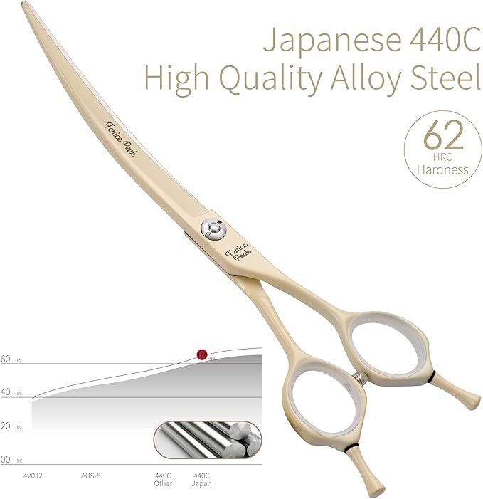 Fenice Peak Curved Dog Grooming Scissors with Cream Color Coating 440C Stainless Steel Pet Grooming Bending Shears Sharp and Durable Comfortable Engonomic Handle