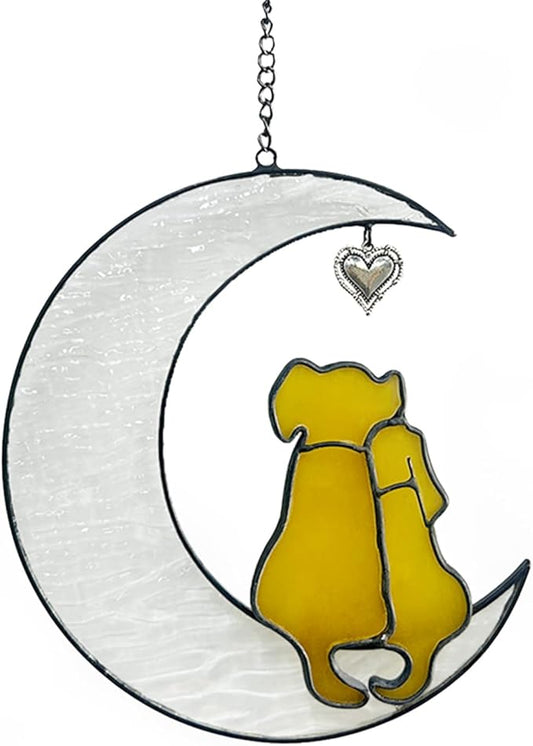 Stained Glass Dog Suncatcher, Window Hangings for Loss of Dog, Pet Memorial Gifts, Double Yellow Dogs on The Moon