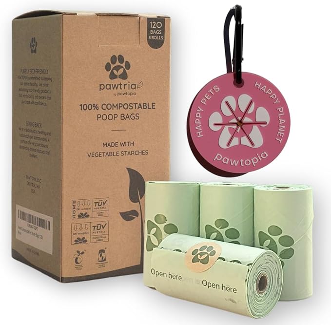 Pawtria Certified Home Compostable Dog Poop Bags (120) + Pink Poop Bag Carrier, Biodegradable Poop Bags, Vegetable Starches, Leak proof Dog Waste Bags, Light-weight silicone made bag carrier