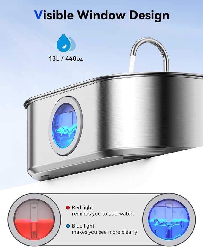 3.4Gal Dog Water Fountain for Large Dogs, 13L Stainless Steel Large Pet Fountain with Deeper & Wider Drinking Area, Automatic Dog Water Bowl Dispenser with Water Window(with 7 Filters)