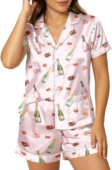 Women’s Silk Satin Pajama Set, Short Sleeve Button Down 2 Piece PJs with Shorts, Cozy Loungewear & Matching Holiday Pajamas