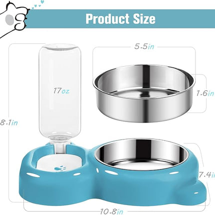Dog Bowls, Cat Food and Water Bowl Set with Water Dispenser and Stainless Steel Bowl for Cats and Small Dogs - Blue
