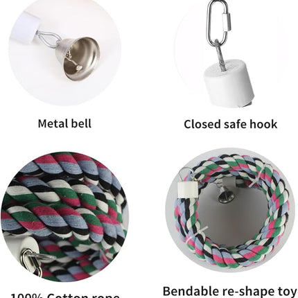 94.4inch Length Colorful Cotton Bendable Rope Perch Swing Bird Chew Toys Amazon Parrots Cage Toys with Bell Swing Climbing Standing Bungee Bird Toys for Regular to Big Size Birds