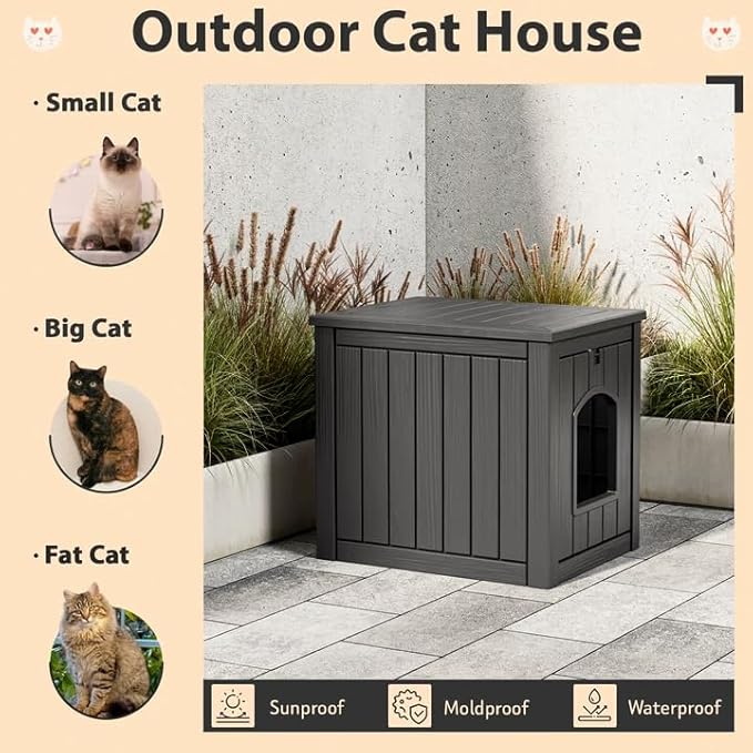 LHBcraft Outdoor Cat House Weatherproof Insulated for Winter Outside, Feral Cat Houses for Outdoor Indoor Cats Shelter, Durable Resin Shelter for Garden, Patio, Easy to Assemble Black