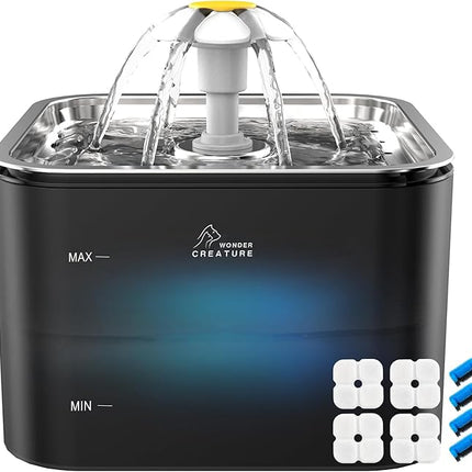 Crystal Cat Water Fountain Stainless Steel with 4 Filters and 4 Sponges, 101oz/3L Pet Fountain with LED Light for Cats and Dogs (Black)