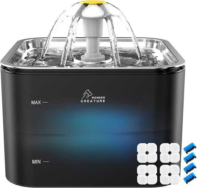 Crystal Cat Water Fountain Stainless Steel with 4 Filters and 4 Sponges, 101oz/3L Pet Fountain with LED Light for Cats and Dogs (Black)
