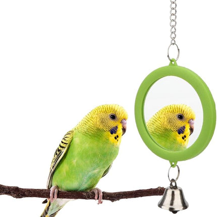 Hypeety Pet Bird Mirror with Bell Interactive Parrot Toy Bird Cage Mirror for Cockatiel Parakeets Canaries Budgie (Green)