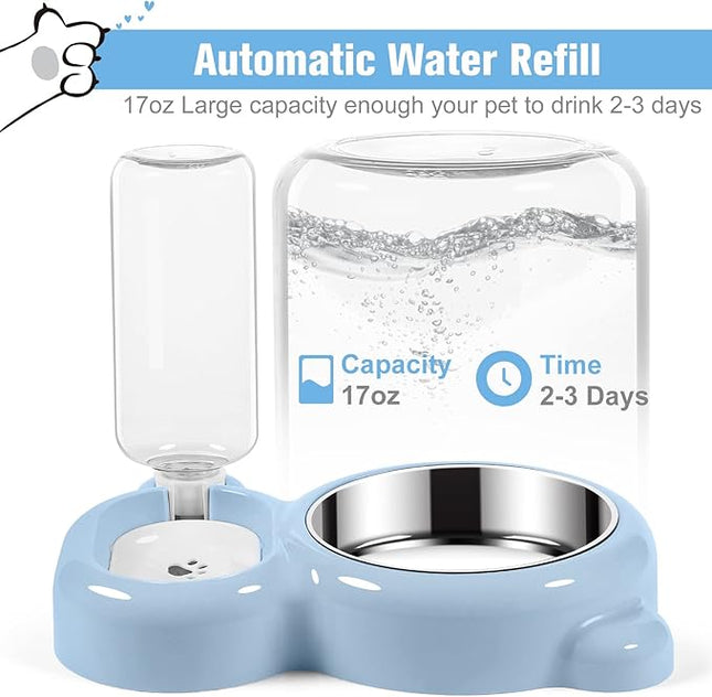 Dog Bowls, Cat Food and Water Bowl Set with Water Dispenser and Stainless Steel Bowl for Cats and Small Dogs - Light Blue