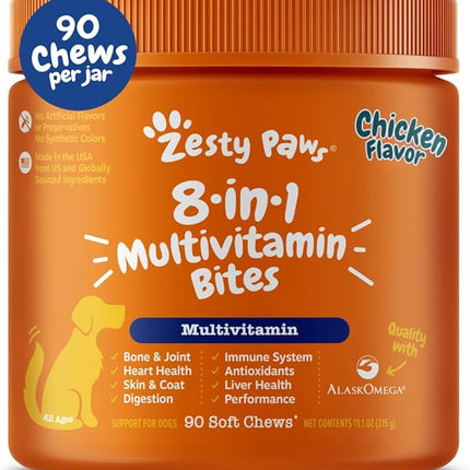 Zesty Paws Dog Multivitamin, Chewable Dog Vitamins and Supplements for Hip & Joints, Skin & Coat, Omega 3 Fish Oil for Dogs- Senior & Puppy Multivitamin- Chicken- 90ct