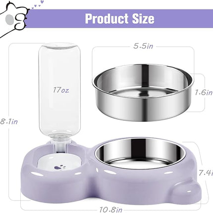 Dog Bowls, Cat Food and Water Bowl Set with Water Dispenser and Stainless Steel Bowl for Cats and Small Dogs - Purple