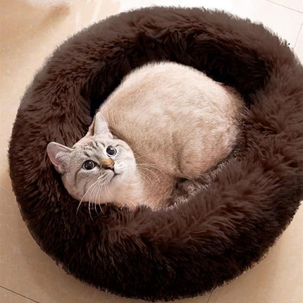 Cat Beds for Indoor Cats - Pet Beds Washable 24 inches, Dog Beds for Small Medium Dogs, Anti Anxiety Round Fluffy Plush Faux Fur Cat Bed, Thick Bottom (Coffee, Large 24" L x 24" W)
