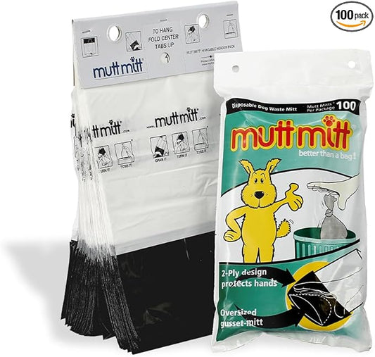 Mutt Mitt® New Listing, Same 100 White & Black 2-Ply Dog Waste Bags on 1 Dog Waste Bag Station Header - 300% Thicker than mini roll dog waste bags - no more warm & yuck feeling
