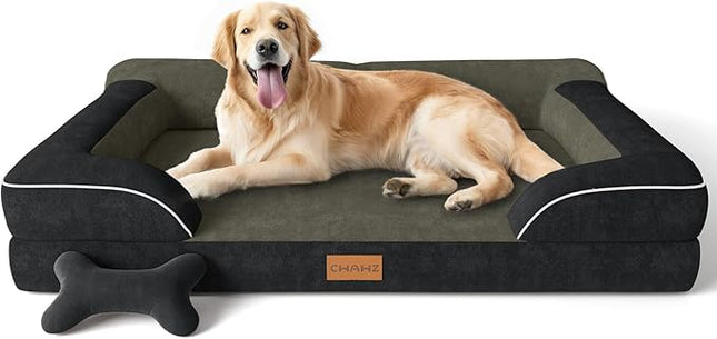 Extra Large Dog Bed, Orthopedic Dog Bed with Cooling Gel Memory Foam, Waterproof XL Pet Bed with Removable Washable Cover, 42" Pet Sofa Couch Dutch Velvet with Bone Toy, Black