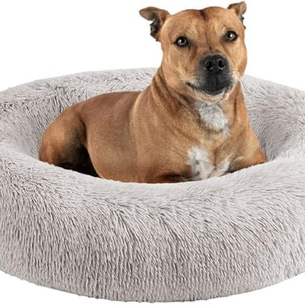 Friends Forever Serena Donut Memory Foam Orthopedic Dog Bed, Soft Faux Fur Oval Cat Couch For Indoor Pet, Fluffy Calming Plush Shag, Round Raised Bolster Cushion, Machine Washable Cuddler, Grey