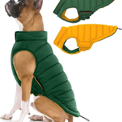 Lelepet Reversible Dog Coat Waterproof Dog Jacket Windproof Puffer Vest for Winter Warm Lightweight Coats for Large Dogs Adjustbale Hook & Loop Pet Apparel with Leash Hole, Pitbull, Green, XL