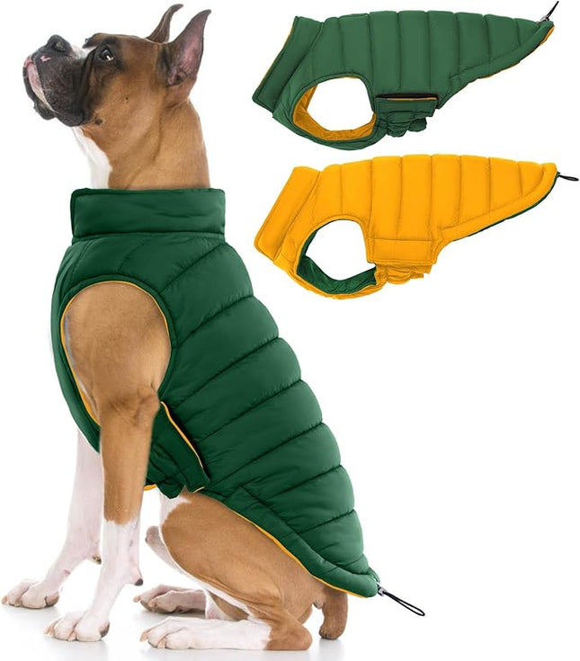 Lelepet Reversible Dog Coat Waterproof Dog Jacket Windproof Puffer Vest for Winter Warm Lightweight Coats for Large Dogs Adjustbale Hook & Loop Pet Apparel with Leash Hole, Pitbull, Green, XL