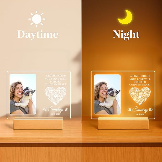 Personalized Pet Memorial Gifts, Pet Loss Gifts in Memory of Dog Night Lights, Custom Dog Memorial Plaque, Cat Memorial Photo Frame (Design #1)