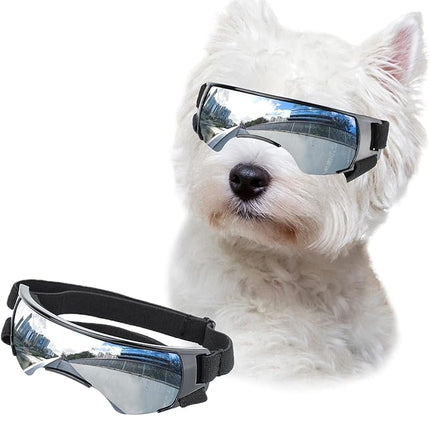 LESYPET Dog Goggles for Small Medium Dogs, UV Protection Dog Sunglasses with Foam Padded, Windproof Eye Protection Puppy Sunglasses for Riding Driving, Adjustable, Silver