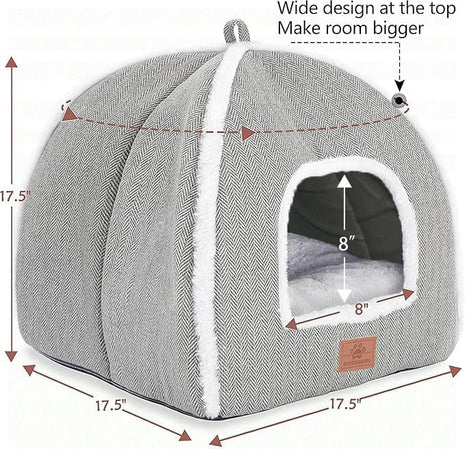 Cat Beds for Indoor -Cat Cave House Tent for Kittens and Laege Pets with Removable Washable Cushioned, Foldable Kitten Hideaway with Non-Slip Bottom, Grey, 17.5 inches