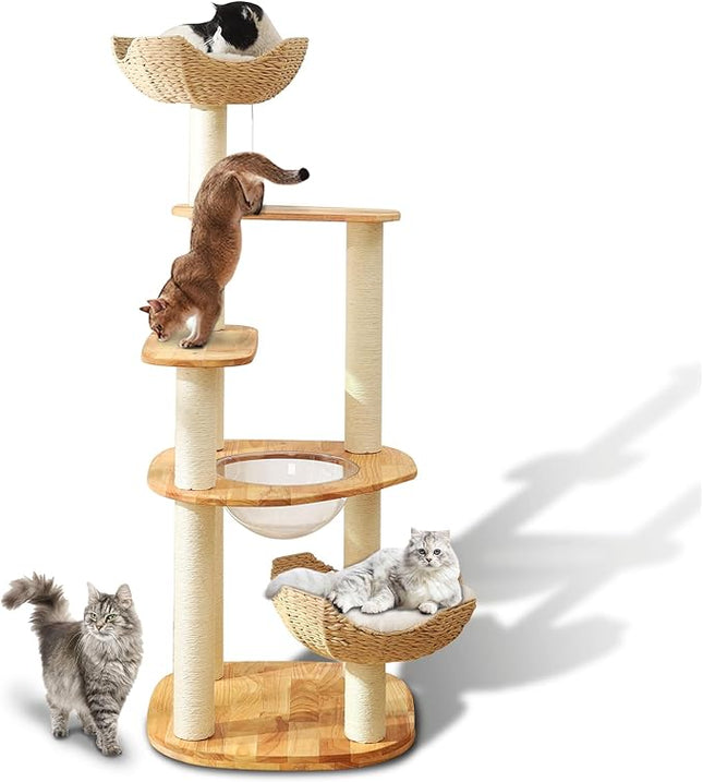 Large Cat Tree for Multiple Cats - Natural Wood Cat Tower with Extra Thick Scratching Posts, Modern Cat House & Condo | Unique Flower Perch Design, Sturdy Cat Furniture Supplies (61+in)