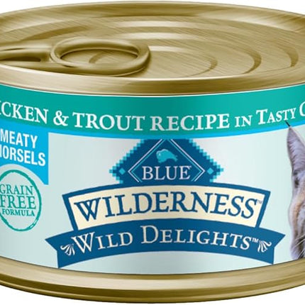 Blue Buffalo Wilderness Wild Delights Meaty Morsels Wet Cat Food, High-Protein & Grain-Free, Made with Natural Ingredients, Chicken & Trout Recipe in Tasty Gravy, 3-oz. Cans (24 Count)