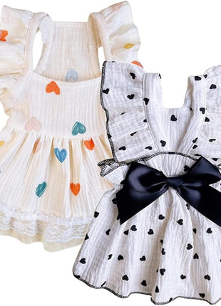 QWINEE 2pc Cute Heart Pattern Dog Dress Ruffle Trim Princess Dress Cat Vest Dress Lace Trim Summer Dress Pet Clothes for Small Medium Cats Dogs Kitten Puppy Black Multi X-Small